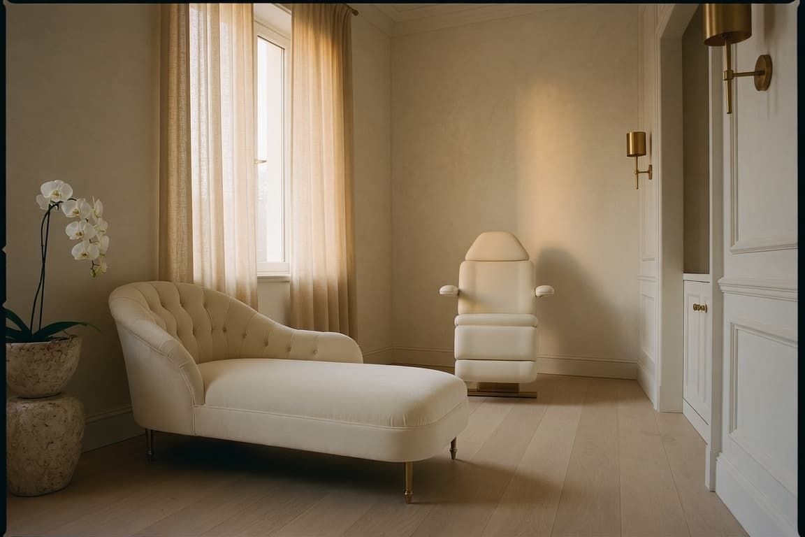A serene private treatment suite in cream and champagne — an ivory velvet chaise beneath a linen-curtained window, brass sconces, a white orchid, and warm afternoon light.