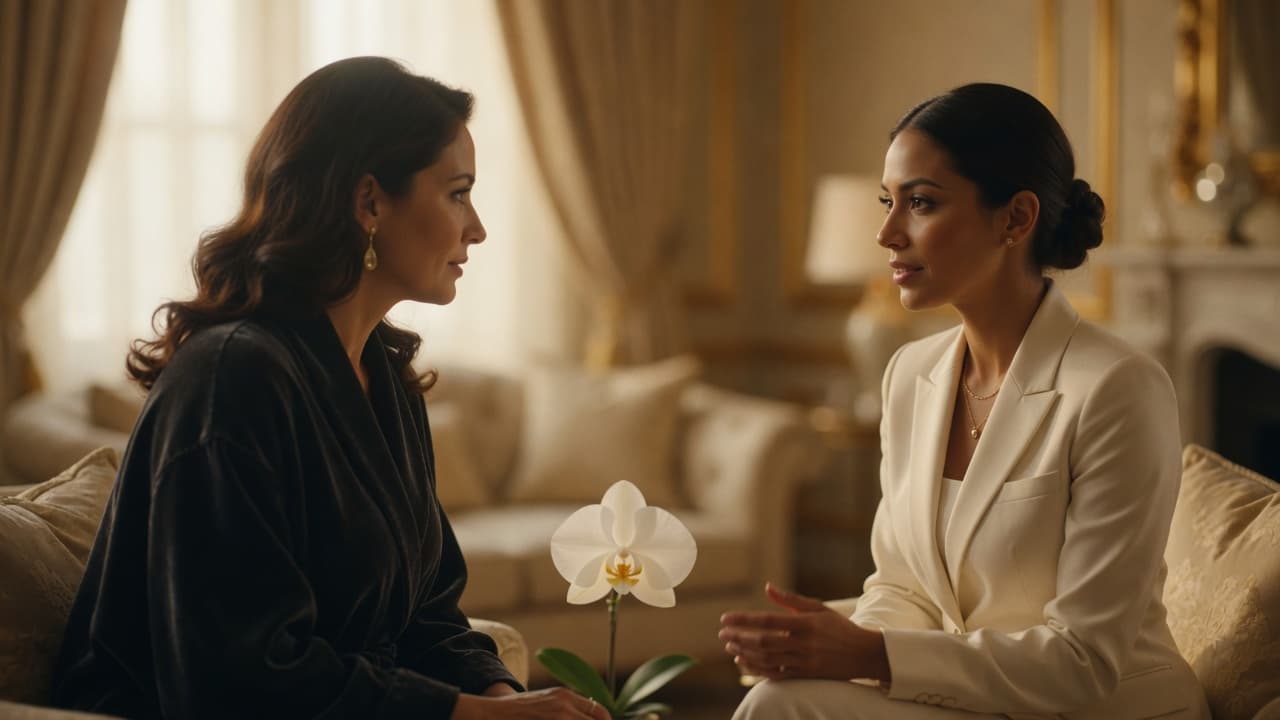 A poised woman with luminous, lit-from-within skin in warm golden light, receiving calm, refined aesthetic care in an elegant private setting.